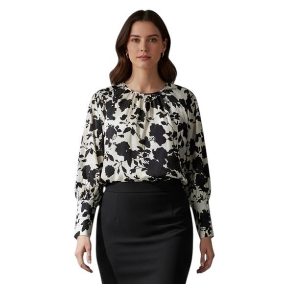 Who What Wear Black White Floral Blouse Top Size M Button Cuff Long Sleeve Chic - Picture 2 of 10